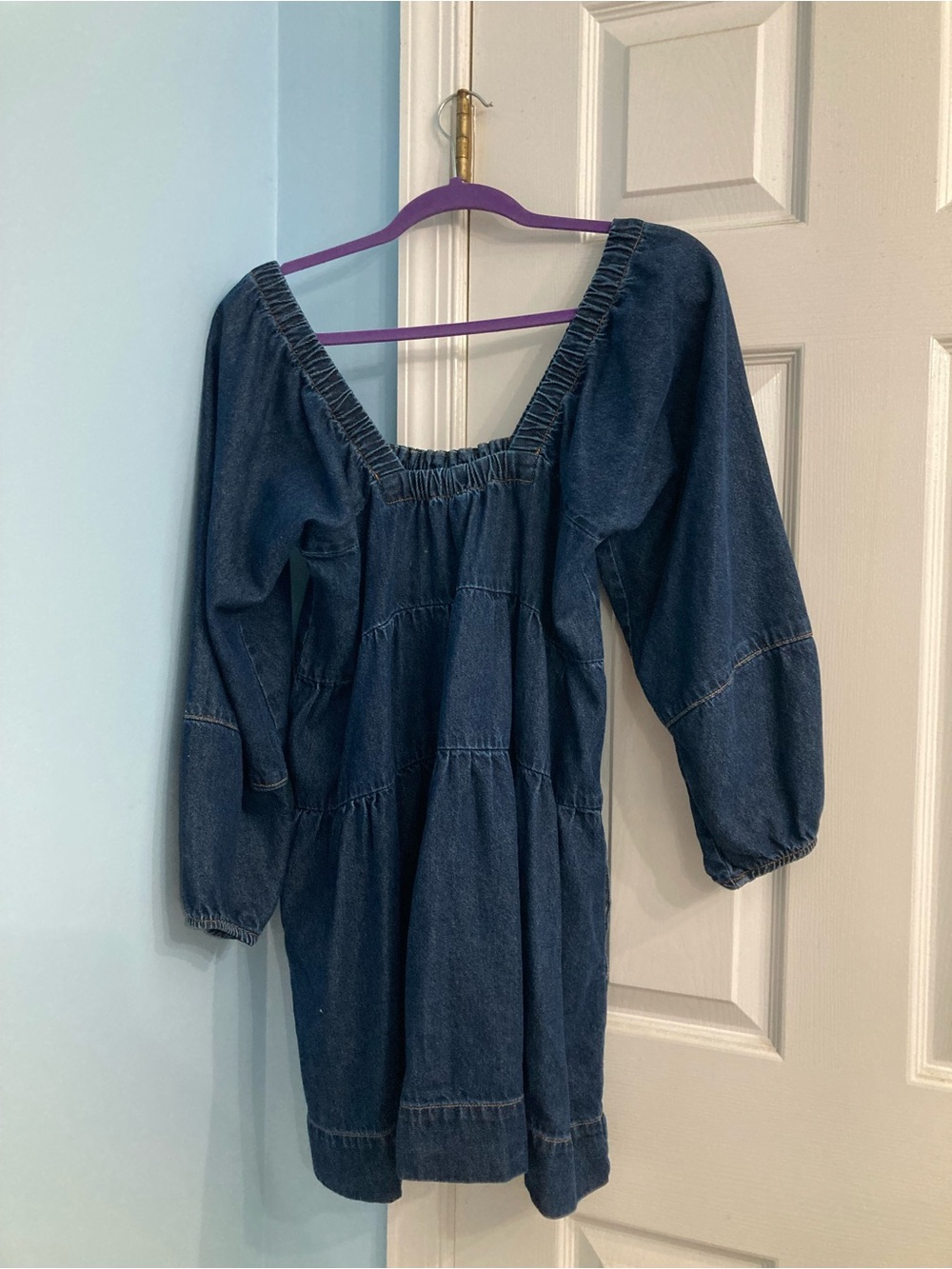 Free People Indigo Denim Tiered Mini Dress with Puff Sleeves